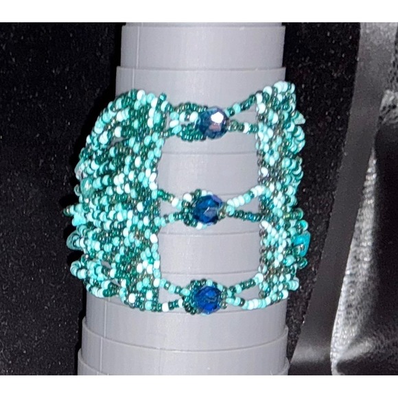 Boho Beaded Bracelet Turquoise Blue Seed Bead Layered - Picture 3 of 5